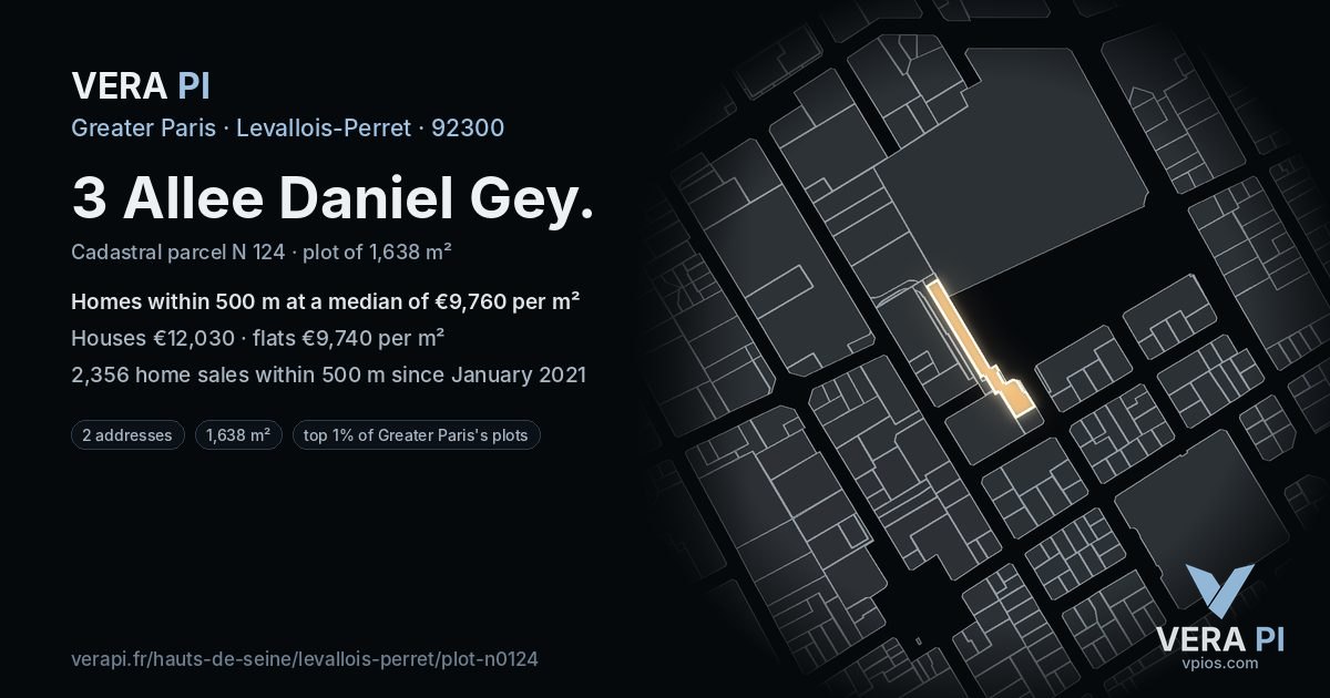 3 Allee Daniel Gey, Levallois-Perret at night – the plot lit, the parcels around coloured by the prices near them