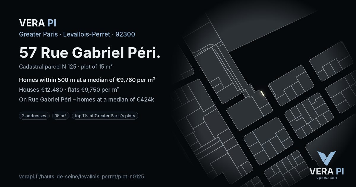 57 Rue Gabriel Péri, Levallois-Perret at night – the plot lit, the parcels around coloured by the prices near them