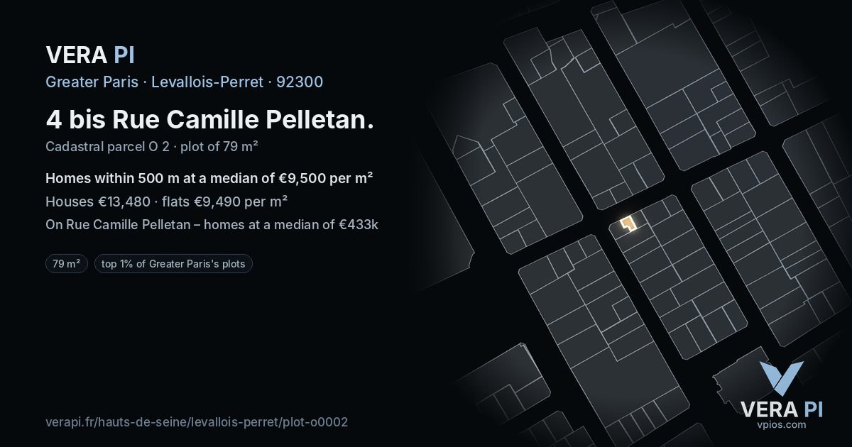 4 bis Rue Camille Pelletan, Levallois-Perret at night – the plot lit, the parcels around coloured by the prices near them