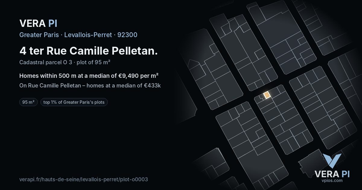 4 ter Rue Camille Pelletan, Levallois-Perret at night – the plot lit, the parcels around coloured by the prices near them