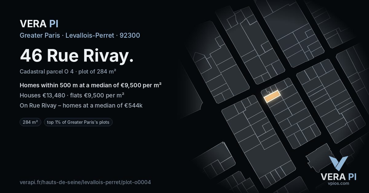 46 Rue Rivay, Levallois-Perret at night – the plot lit, the parcels around coloured by the prices near them