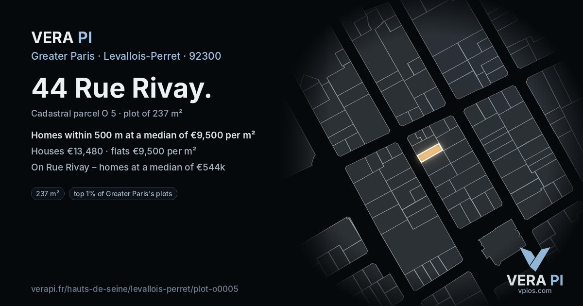 44 Rue Rivay, Levallois-Perret at night – the plot lit, the parcels around coloured by the prices near them
