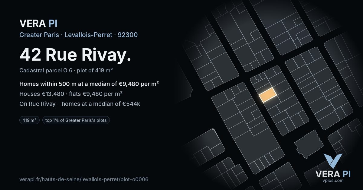 42 Rue Rivay, Levallois-Perret at night – the plot lit, the parcels around coloured by the prices near them