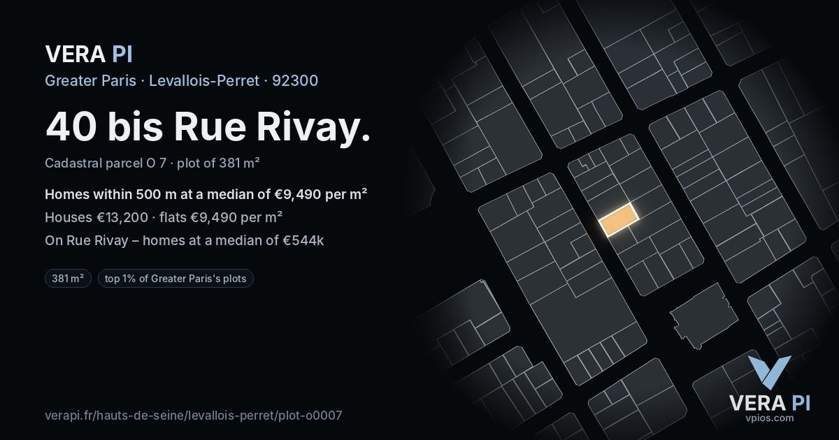 40 bis Rue Rivay, Levallois-Perret at night – the plot lit, the parcels around coloured by the prices near them