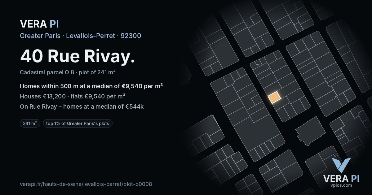 40 Rue Rivay, Levallois-Perret at night – the plot lit, the parcels around coloured by the prices near them