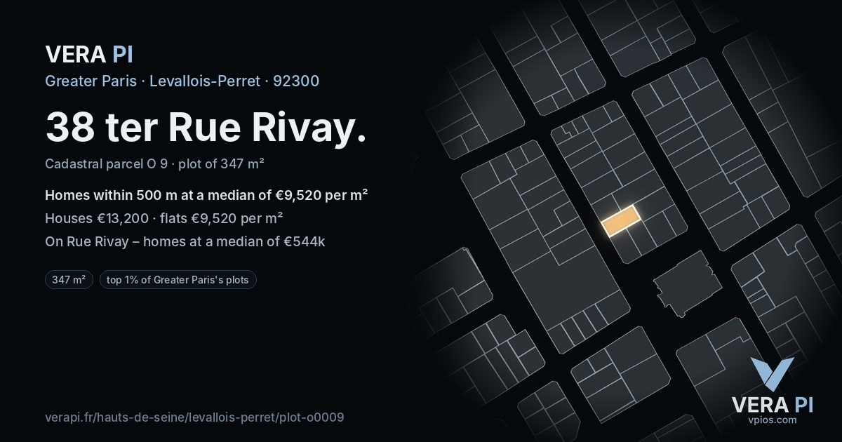 38 ter Rue Rivay, Levallois-Perret at night – the plot lit, the parcels around coloured by the prices near them