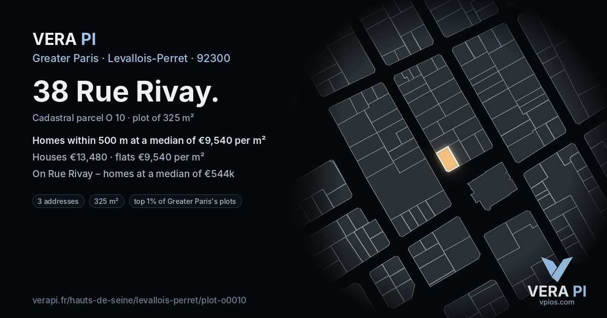 38 Rue Rivay, Levallois-Perret at night – the plot lit, the parcels around coloured by the prices near them