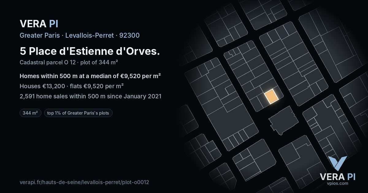 5 Place d'Estienne d'Orves, Levallois-Perret at night – the plot lit, the parcels around coloured by the prices near them