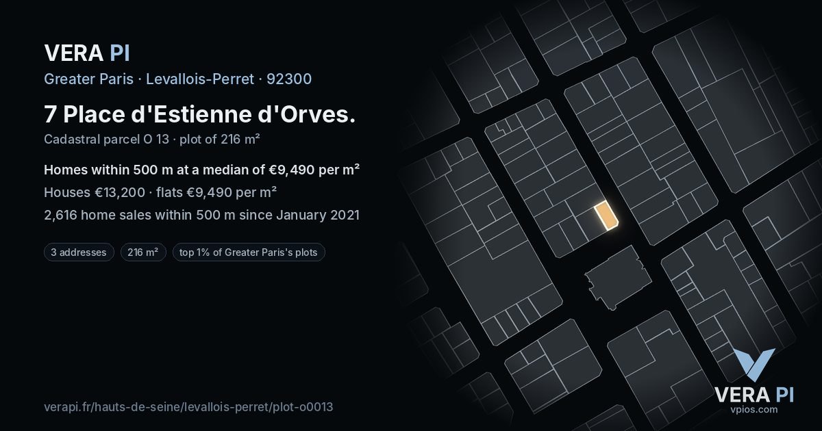 7 Place d'Estienne d'Orves, Levallois-Perret at night – the plot lit, the parcels around coloured by the prices near them