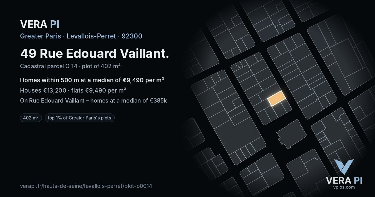 49 Rue Edouard Vaillant, Levallois-Perret at night – the plot lit, the parcels around coloured by the prices near them