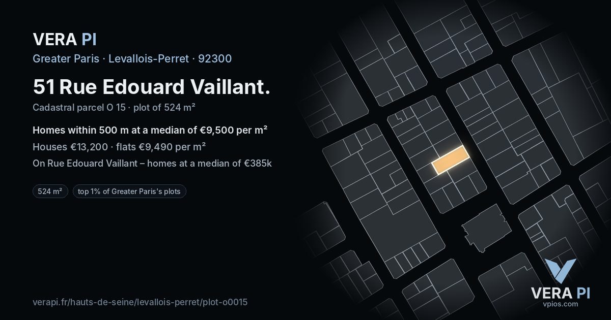51 Rue Edouard Vaillant, Levallois-Perret at night – the plot lit, the parcels around coloured by the prices near them