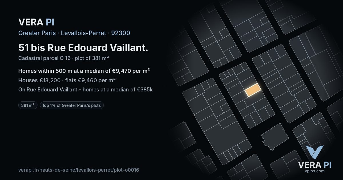 51 bis Rue Edouard Vaillant, Levallois-Perret at night – the plot lit, the parcels around coloured by the prices near them