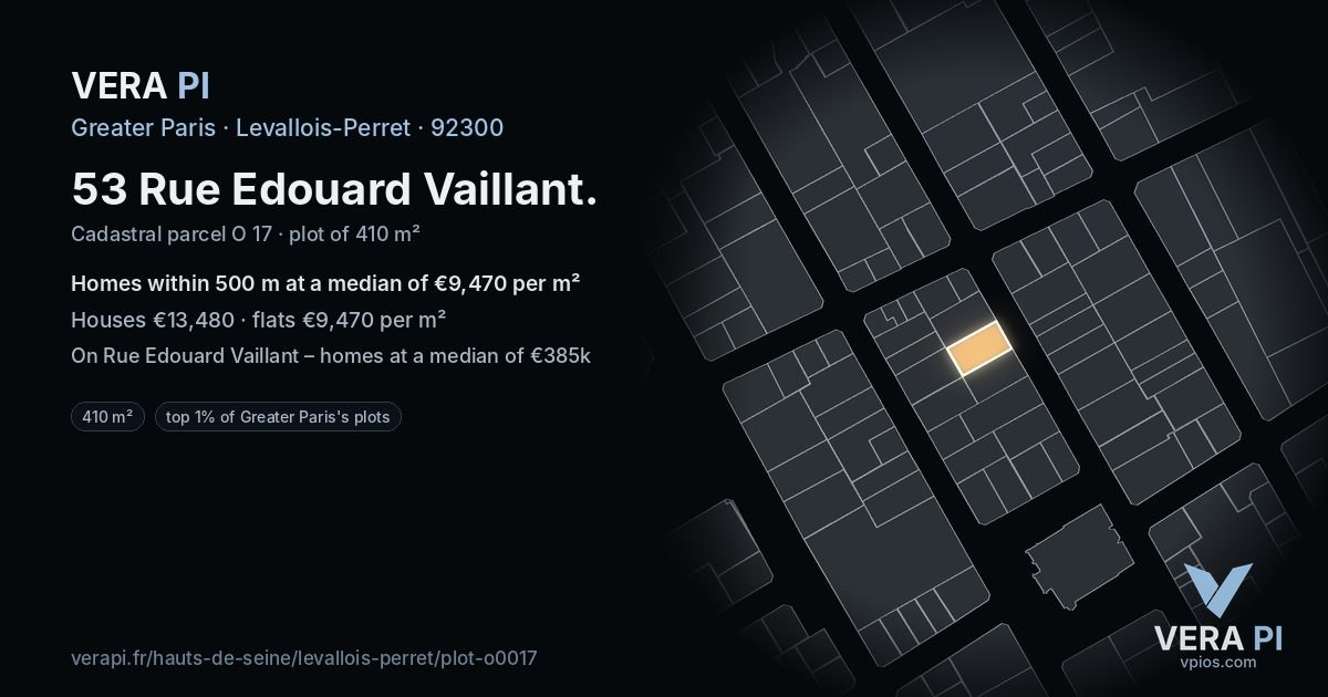 53 Rue Edouard Vaillant, Levallois-Perret at night – the plot lit, the parcels around coloured by the prices near them