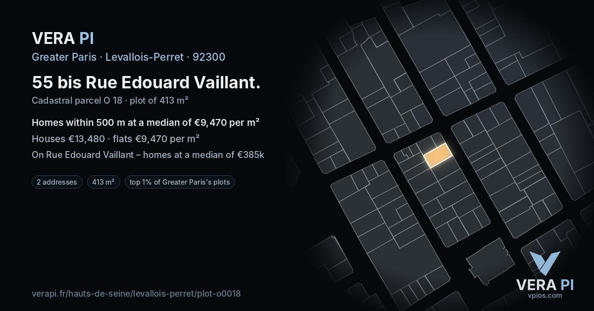 55 bis Rue Edouard Vaillant, Levallois-Perret at night – the plot lit, the parcels around coloured by the prices near them