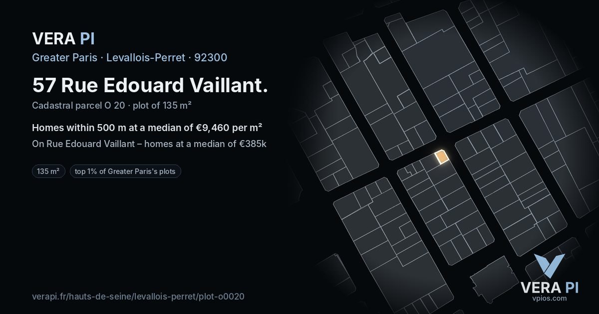57 Rue Edouard Vaillant, Levallois-Perret at night – the plot lit, the parcels around coloured by the prices near them
