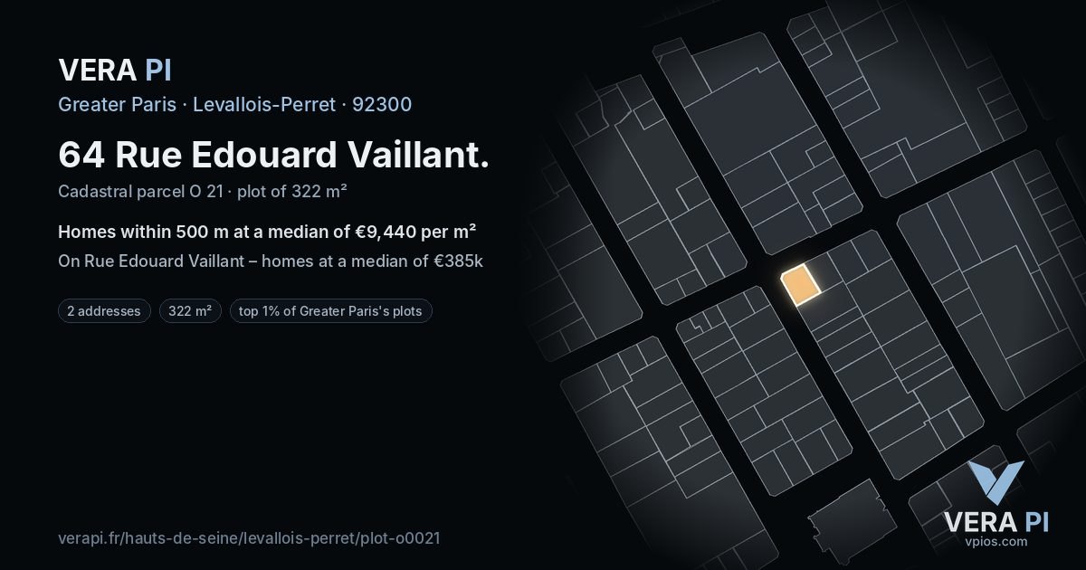 64 Rue Edouard Vaillant, Levallois-Perret at night – the plot lit, the parcels around coloured by the prices near them