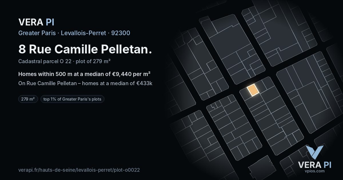 8 Rue Camille Pelletan, Levallois-Perret at night – the plot lit, the parcels around coloured by the prices near them