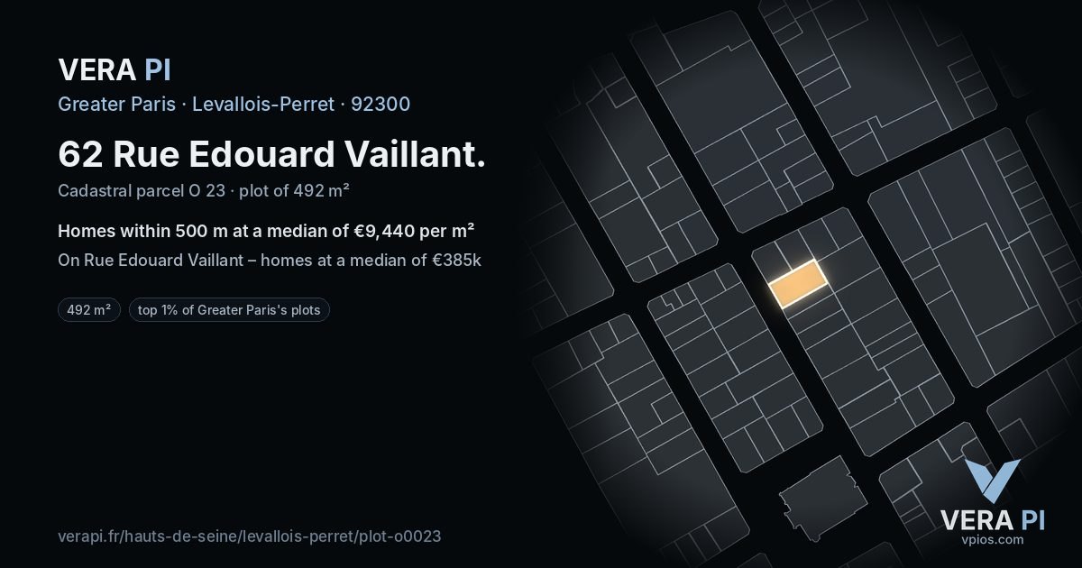 62 Rue Edouard Vaillant, Levallois-Perret at night – the plot lit, the parcels around coloured by the prices near them