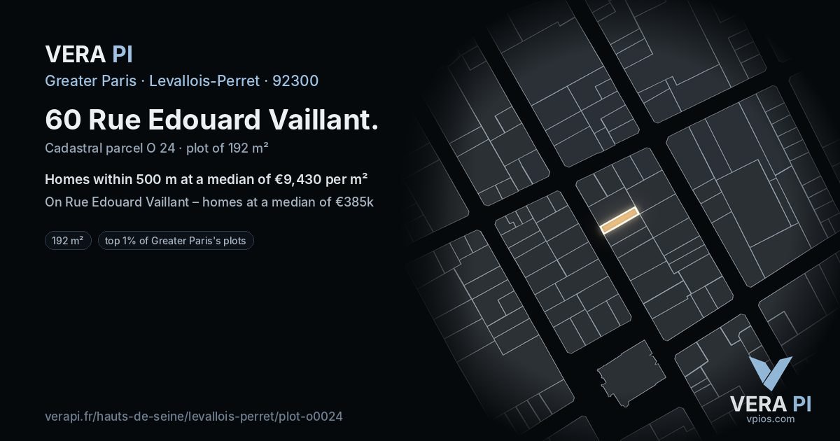 60 Rue Edouard Vaillant, Levallois-Perret at night – the plot lit, the parcels around coloured by the prices near them