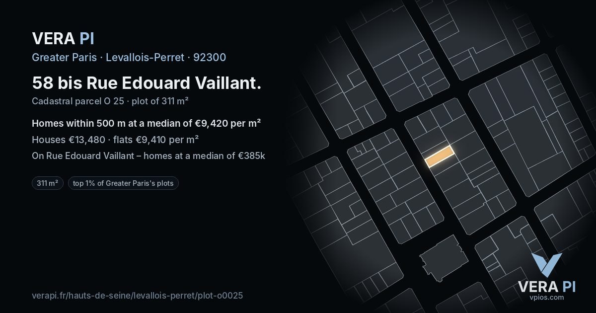 58 bis Rue Edouard Vaillant, Levallois-Perret at night – the plot lit, the parcels around coloured by the prices near them