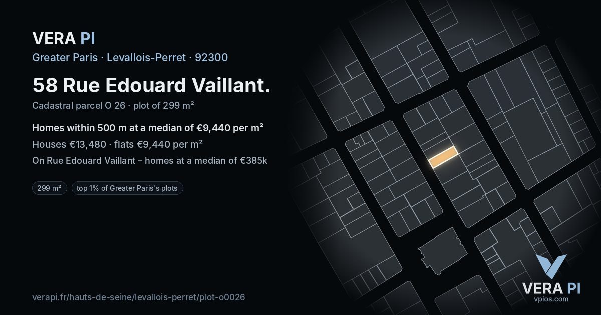 58 Rue Edouard Vaillant, Levallois-Perret at night – the plot lit, the parcels around coloured by the prices near them