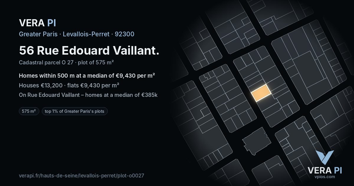 56 Rue Edouard Vaillant, Levallois-Perret at night – the plot lit, the parcels around coloured by the prices near them