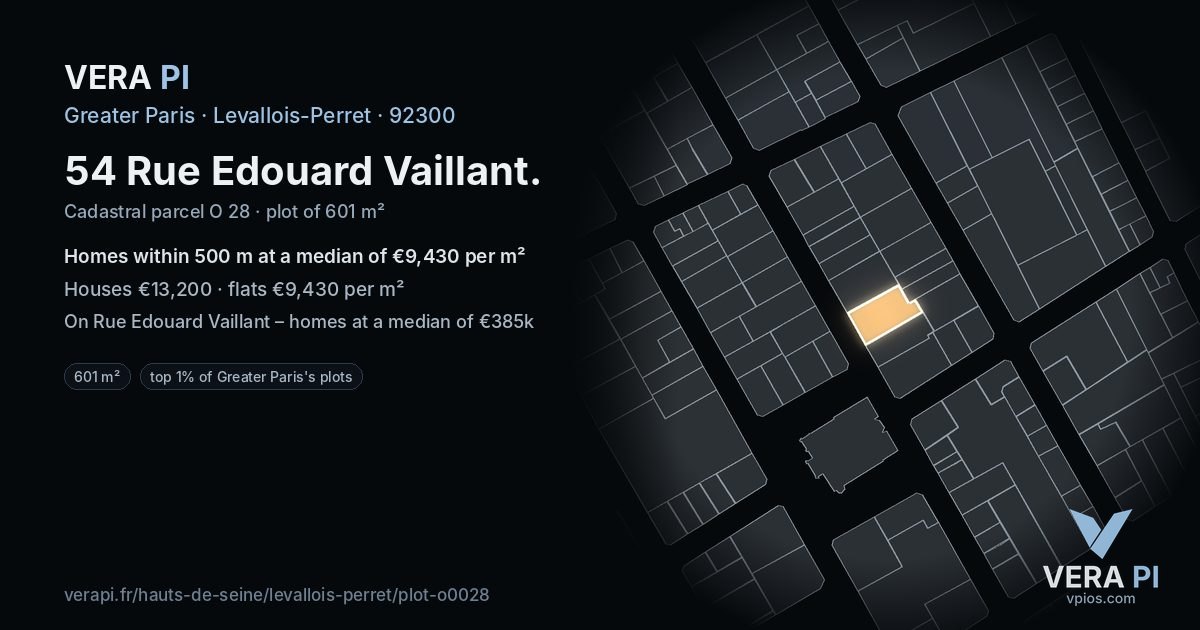 54 Rue Edouard Vaillant, Levallois-Perret at night – the plot lit, the parcels around coloured by the prices near them