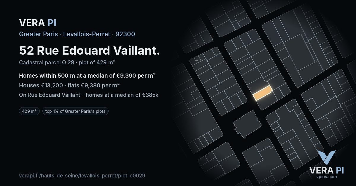 52 Rue Edouard Vaillant, Levallois-Perret at night – the plot lit, the parcels around coloured by the prices near them