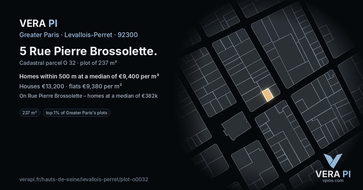 5 Rue Pierre Brossolette, Levallois-Perret at night – the plot lit, the parcels around coloured by the prices near them