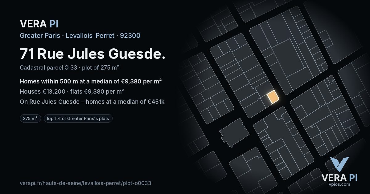 71 Rue Jules Guesde, Levallois-Perret at night – the plot lit, the parcels around coloured by the prices near them