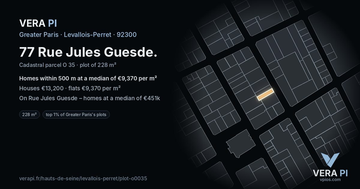 77 Rue Jules Guesde, Levallois-Perret at night – the plot lit, the parcels around coloured by the prices near them