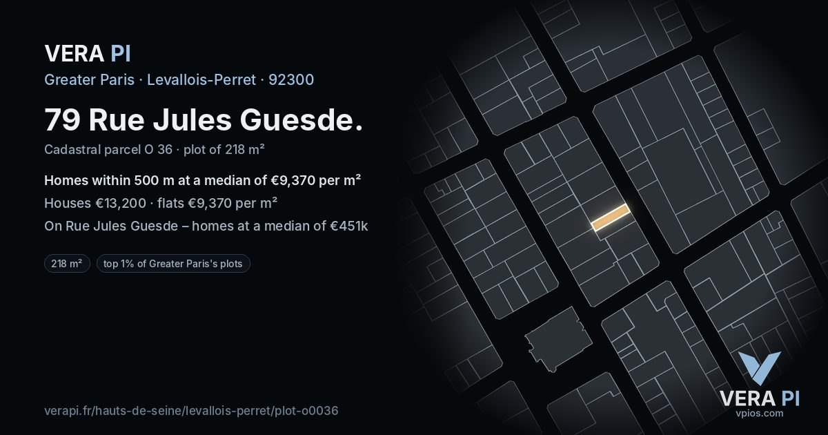 79 Rue Jules Guesde, Levallois-Perret at night – the plot lit, the parcels around coloured by the prices near them