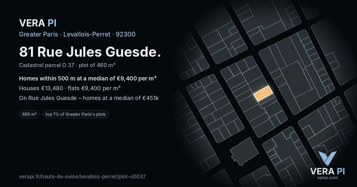 81 Rue Jules Guesde, Levallois-Perret at night – the plot lit, the parcels around coloured by the prices near them