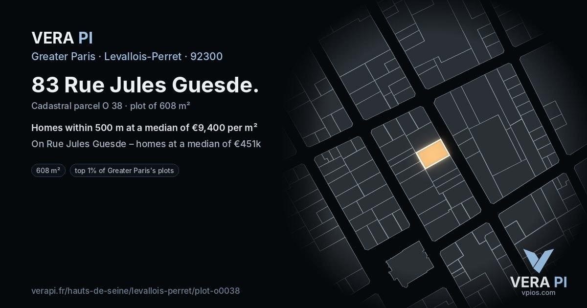 83 Rue Jules Guesde, Levallois-Perret at night – the plot lit, the parcels around coloured by the prices near them