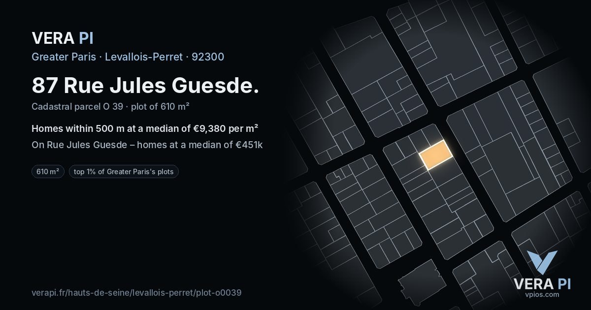 87 Rue Jules Guesde, Levallois-Perret at night – the plot lit, the parcels around coloured by the prices near them