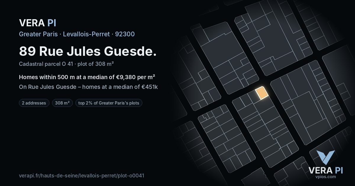 89 Rue Jules Guesde, Levallois-Perret at night – the plot lit, the parcels around coloured by the prices near them