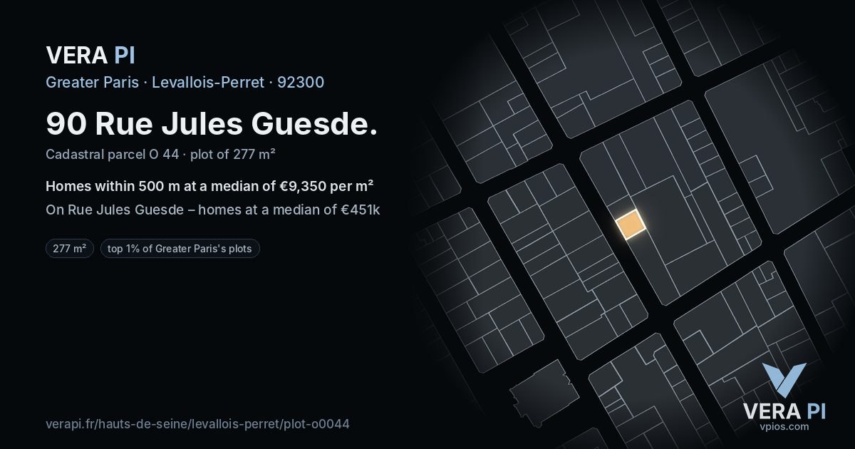90 Rue Jules Guesde, Levallois-Perret at night – the plot lit, the parcels around coloured by the prices near them