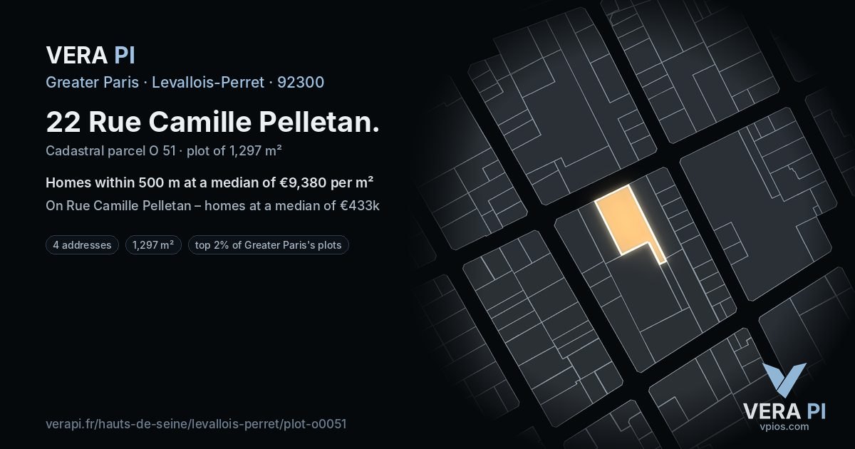 22 Rue Camille Pelletan, Levallois-Perret at night – the plot lit, the parcels around coloured by the prices near them