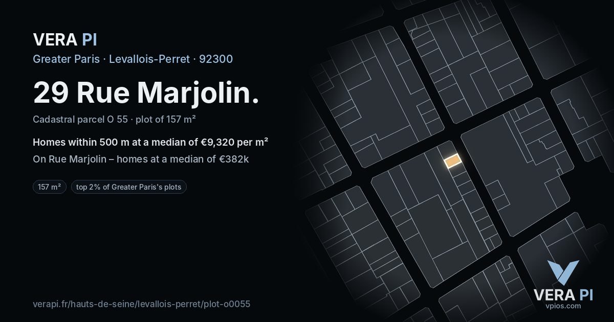 29 Rue Marjolin, Levallois-Perret at night – the plot lit, the parcels around coloured by the prices near them