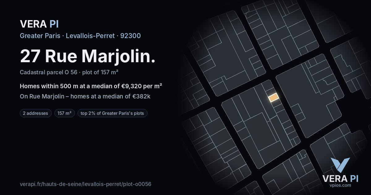 27 Rue Marjolin, Levallois-Perret at night – the plot lit, the parcels around coloured by the prices near them