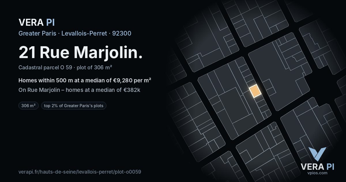 21 Rue Marjolin, Levallois-Perret at night – the plot lit, the parcels around coloured by the prices near them