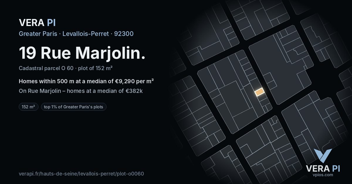 19 Rue Marjolin, Levallois-Perret at night – the plot lit, the parcels around coloured by the prices near them