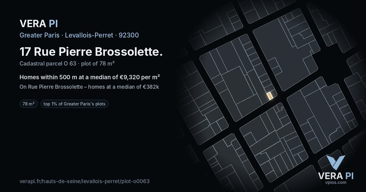 17 Rue Pierre Brossolette, Levallois-Perret at night – the plot lit, the parcels around coloured by the prices near them
