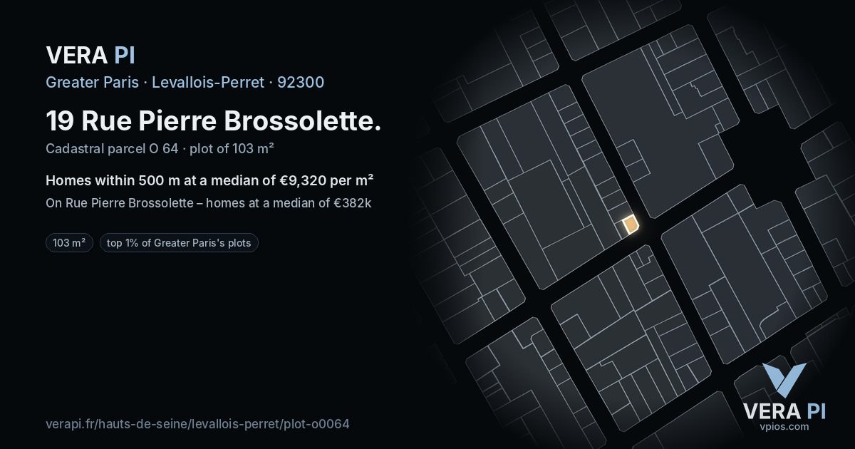 19 Rue Pierre Brossolette, Levallois-Perret at night – the plot lit, the parcels around coloured by the prices near them