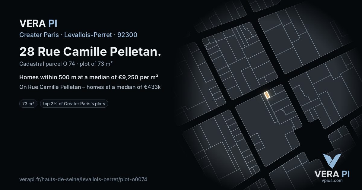 28 Rue Camille Pelletan, Levallois-Perret at night – the plot lit, the parcels around coloured by the prices near them