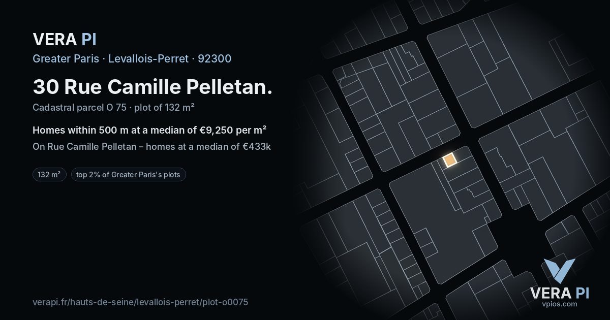 30 Rue Camille Pelletan, Levallois-Perret at night – the plot lit, the parcels around coloured by the prices near them