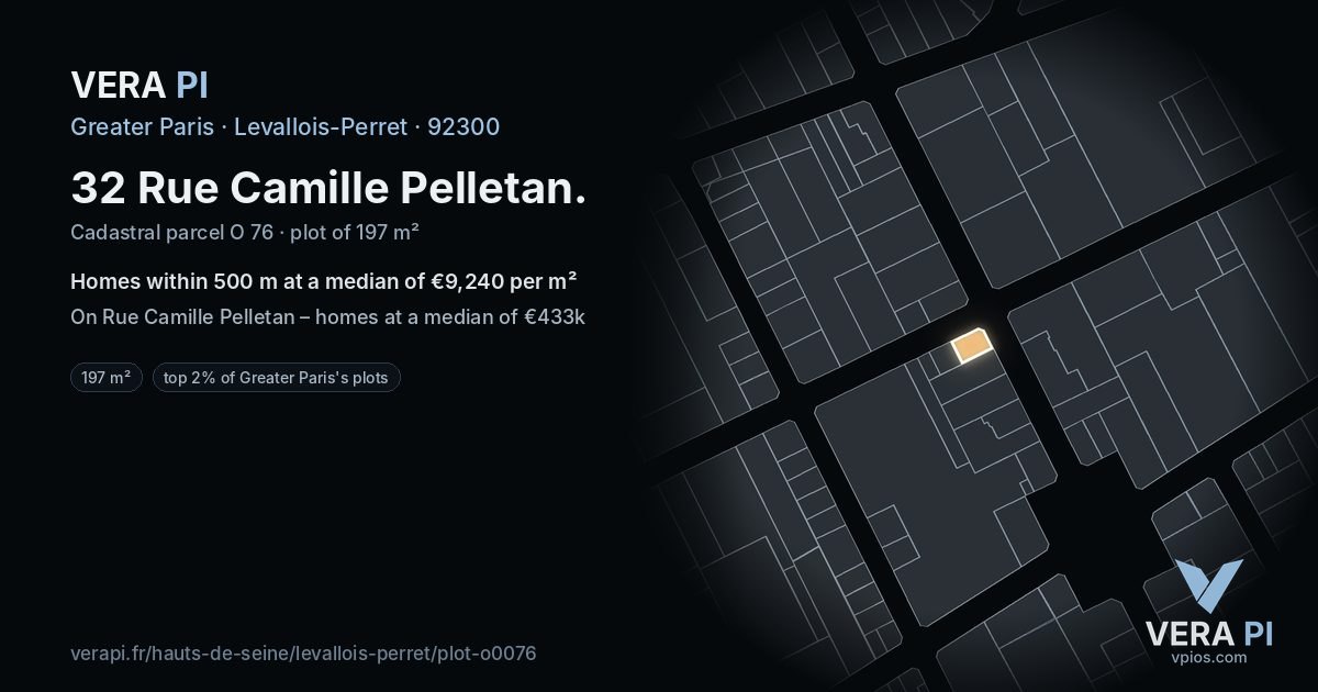32 Rue Camille Pelletan, Levallois-Perret at night – the plot lit, the parcels around coloured by the prices near them