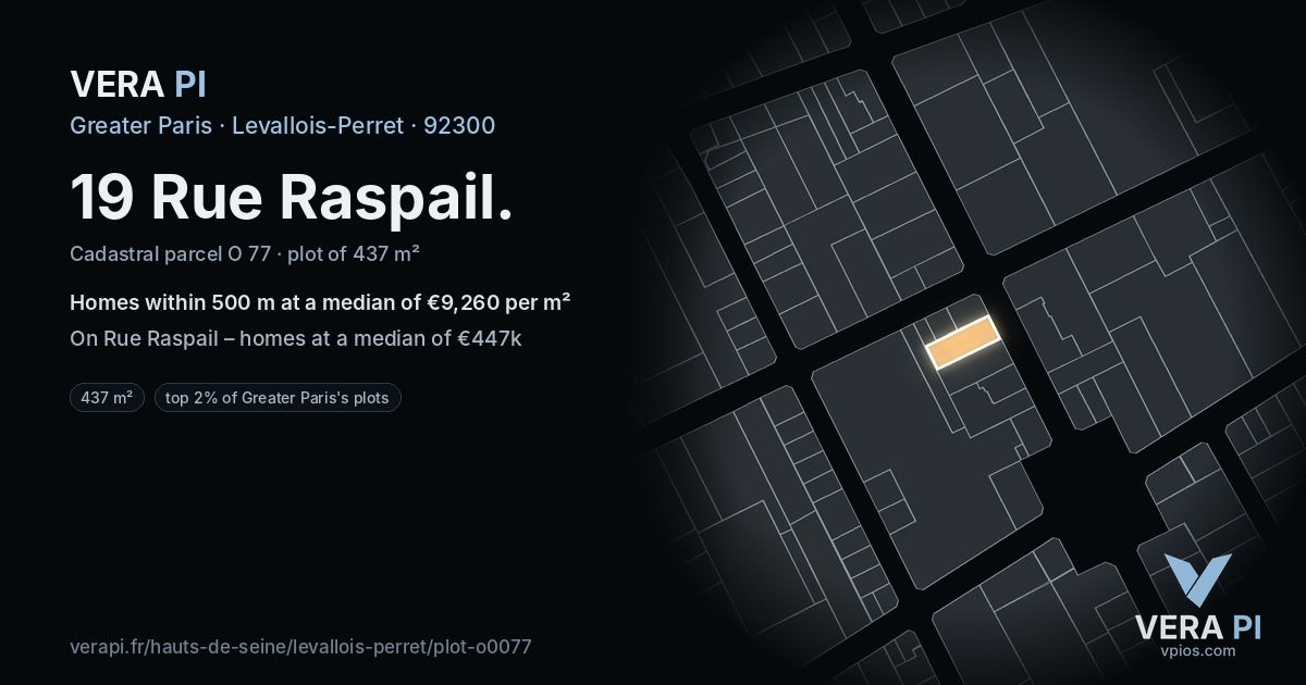 19 Rue Raspail, Levallois-Perret at night – the plot lit, the parcels around coloured by the prices near them