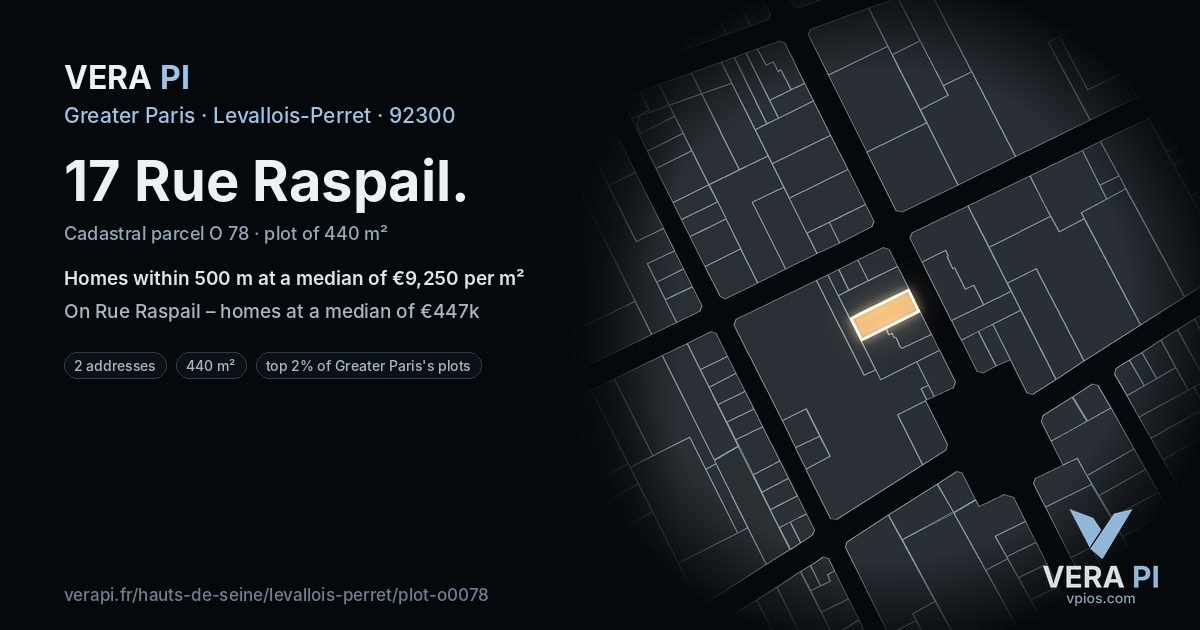 17 Rue Raspail, Levallois-Perret at night – the plot lit, the parcels around coloured by the prices near them