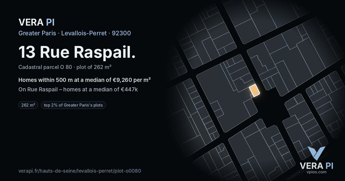 13 Rue Raspail, Levallois-Perret at night – the plot lit, the parcels around coloured by the prices near them